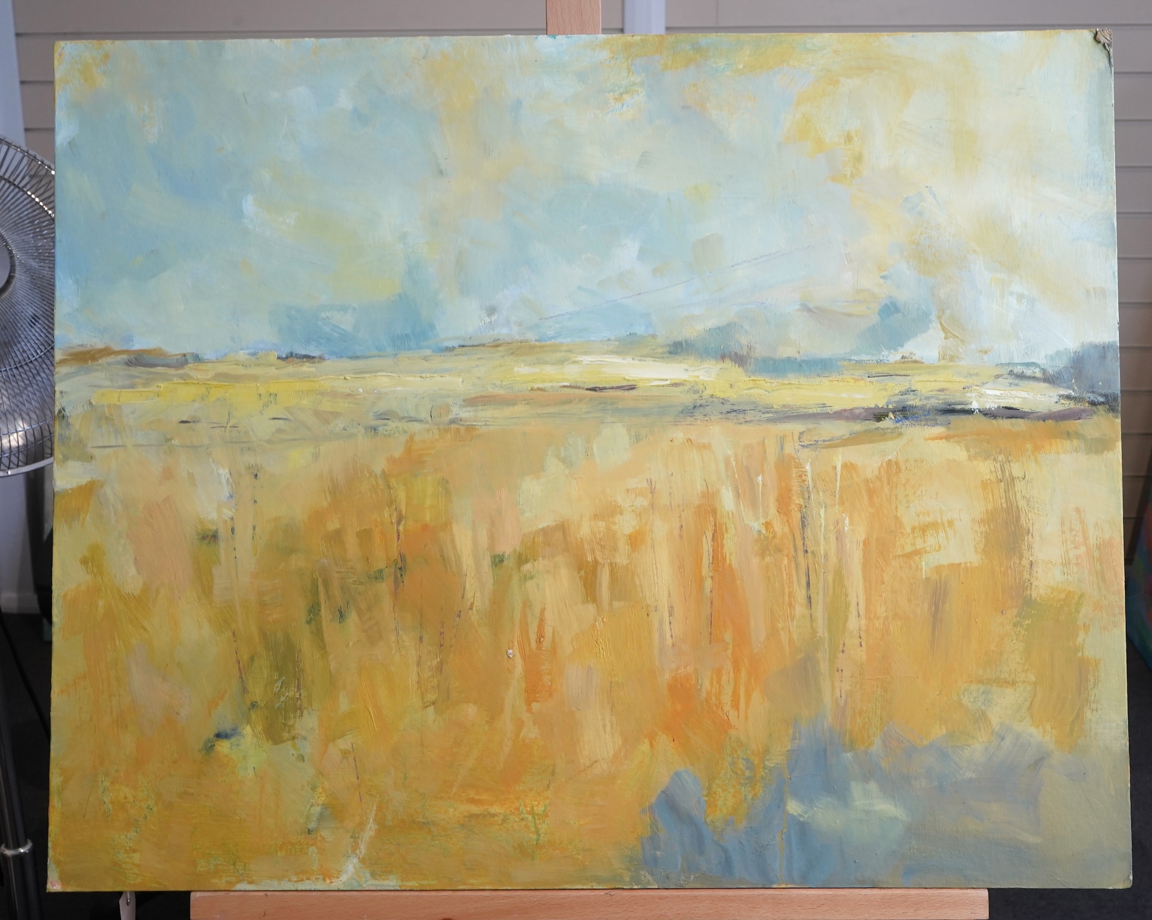 Billie Newey (contemporary), Abstract landscapes, two oils on board, unsigned, unframed, largest 61 x 75cm